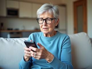 Senior Woman Using Mobile Phone: Elderly Female Navigating Smartphone Technology for Communication and Information Access