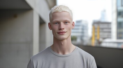 Urban Portrait of a Young Southern European Albino Man with Platinum Blonde Hair in a Modern Downtown Environment