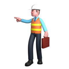 3D Illustration of Professional Male Architect. An architect walks with his left hand carrying a work bag while his right hand points to the side. Design