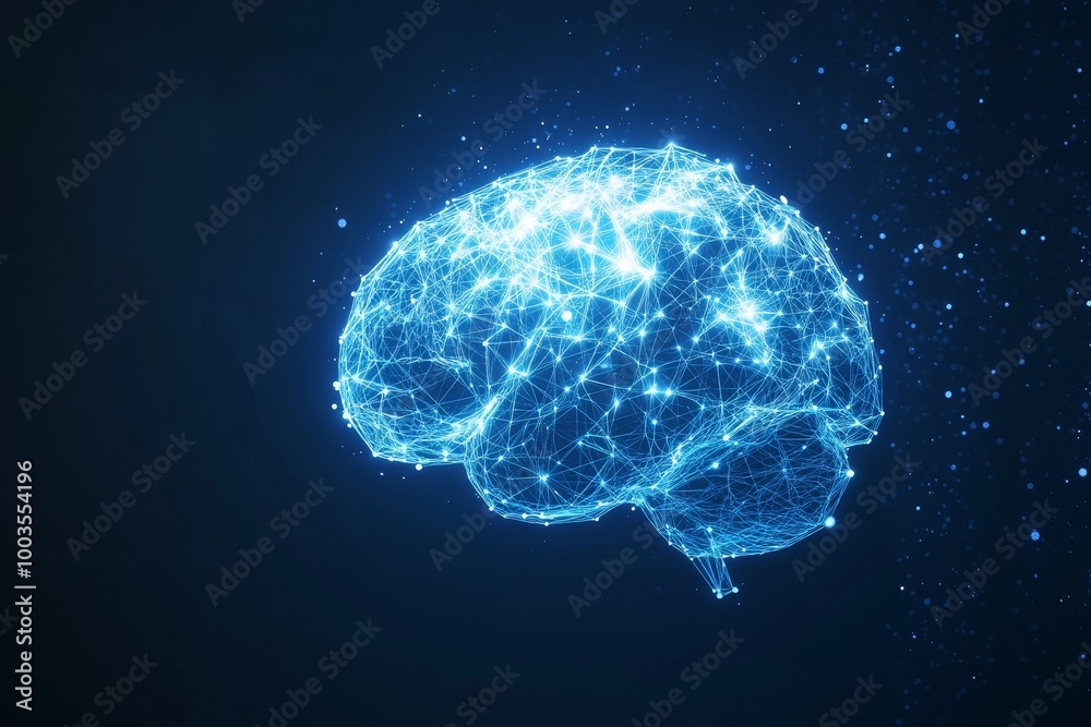 Poster Abstract blue glowing brain with a network of connected dots on a dark blue background.