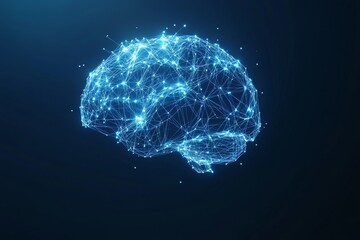 A glowing blue digital brain made of connected lines and points on a dark blue background.