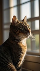 Striped tabby cat looking out of window