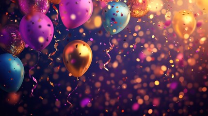 Party Background with lights, confetti, balloons and serpentine