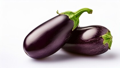 Two fresh raw healthy eggplants or aubergine vegetable isolated on white background. Food ingredient, vegetatian cuisine, organic greenhouse farm plant
