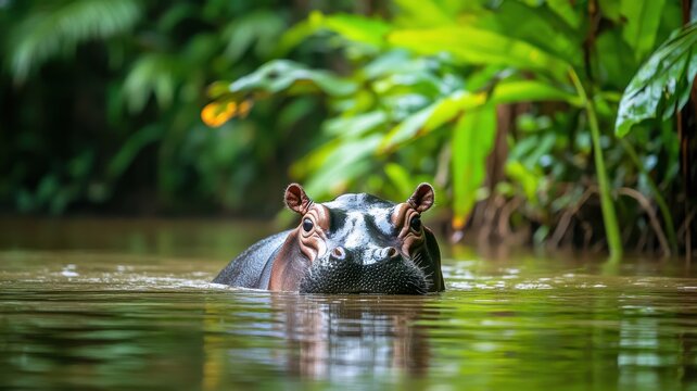 A hippo partially submerged in water among green foliage.
