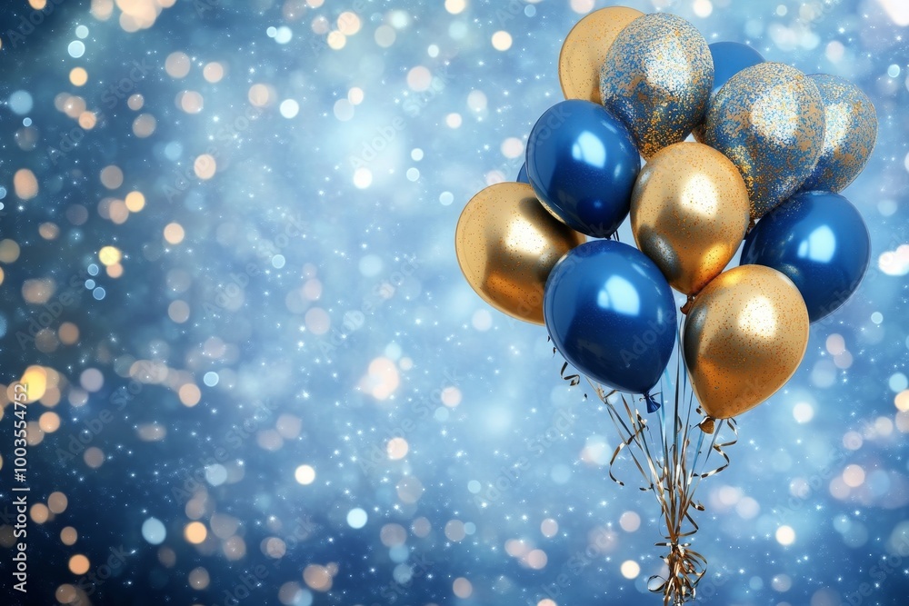 Poster blue and gold balloons with sparkling bokeh background.