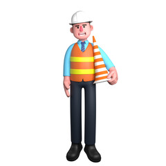 3D Male Design Character. An Architect stands with his left hand holding a traffic cone. Architect Professional