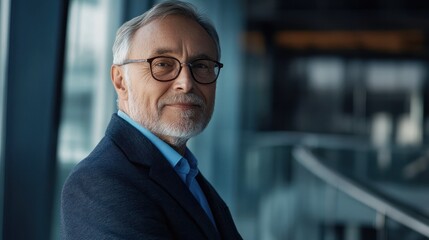 Fototapeta premium portrait of successful senior businessman consultant looking at camera and smiling inside modern office building