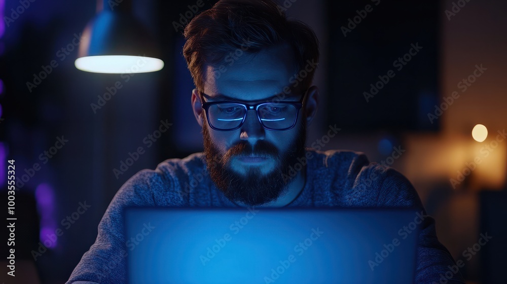 Poster programmer coding on a laptop in the dark , man with glasses and a beard behind his laptop in the ev