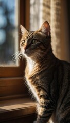 Curious tabby cat staring outside window