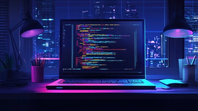 Programming code on computer laptop screen, modern icon flat graphic illustration, developer person typing on table, cartoon coder programmer image clipart