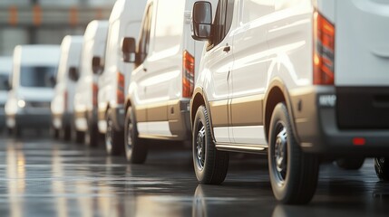 Row of new white vans in parking bay ready for work with blurred warehouse background and copy space