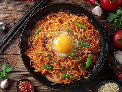 image of hot sizzling mee on wooden background - ai
