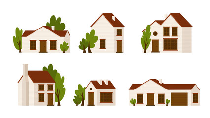 Set of country houses of low height with trees. Peaceful village life in your own house. Element for urban and rural landscape. Sale and rent of real estate. Vector illustration in cartoon style.