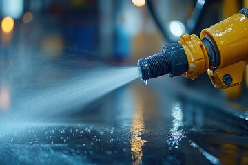 Yellow robotic arm with a water nozzle. The arm is spraying water on a metal surface.
