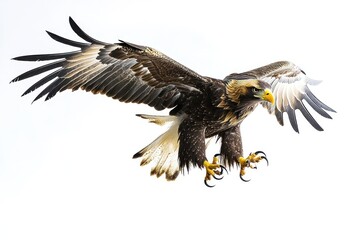 Obraz premium A Golden Eagle in Flight With Its Wings Spread Wide Against A White Background.