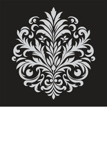 Elegant floral ornament with intricate swirls and leaves in monochrome an black background