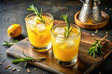 Fototapeta premium Two invigorating yellow beverages adorned with rosemary, ideal for summer cocktails or refreshing thirst-quencher
