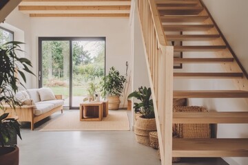 Fototapeta premium Modern living room with wooden stairs, couch, plants, and large window.