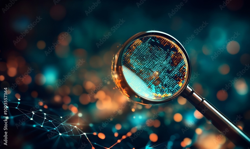 Poster A magnifying glass with a digital code inside, positioned over an abstract network of glowing lines and dots.