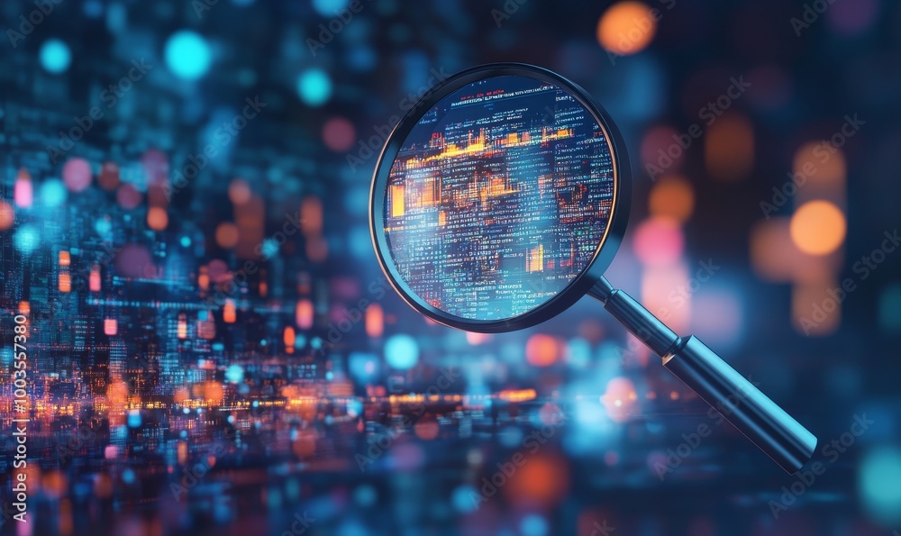 Poster a magnifying glass focuses on a blurred city skyline, highlighting the digital code that makes up th