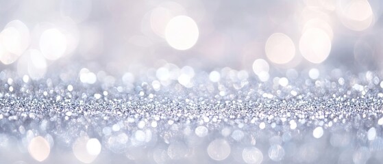 Abstract background of glittering vintage lights in silver and white, de-focused for elegant and festive banner design