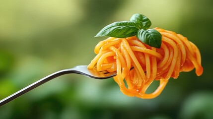 Forkful of spaghetti with basil. Perfect for illustrating Italian food, dinner, or pasta recipes.
