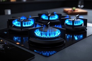 Black gas stove with blue flames. Perfect for depicting cooking, warmth, and energy.