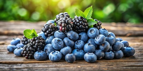 Vibrant blueberries and blackberries stacked atop a weathered wooden table, illuminated by soft natural light, creating