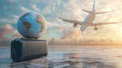 Fototapeta premium travel holiday conceptual 3D rendering. light image with 3D rendering of an airplane and suitcase and globe.