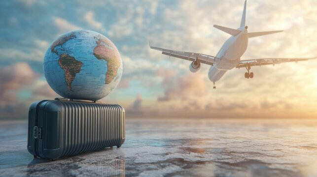 travel holiday conceptual 3D rendering. light image with 3D rendering of an airplane and suitcase and globe.