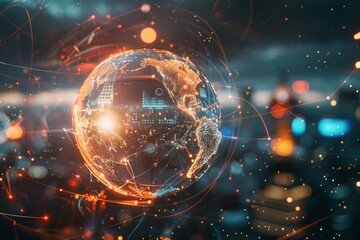 Fototapeta premium A glowing digital globe with network connections, set against a backdrop of city lights, representing global connectivity and technology.