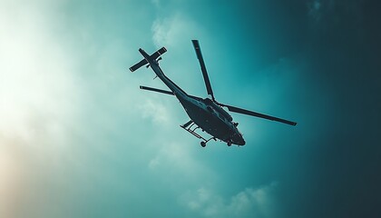 Silhouette of a Helicopter in a Cloudy Sky