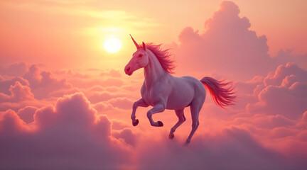 Fototapeta premium pink unicorn runs along the sky with clouds at sunset