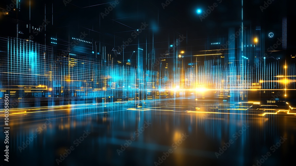 Poster Abstract digital cityscape with glowing lines and data.