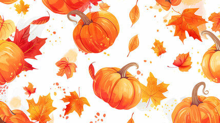 Naklejka premium Seamless autumn pattern featuring pumpkins and colorful fall leaves on a white background