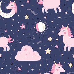 Seamless pattern with a cute unicorn on a blue background. an illustration for printing. Cute baby girl background, wallpaper, bed, print for pajamas and clothes.