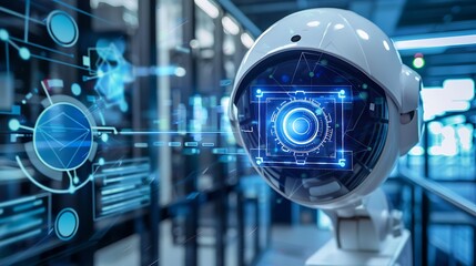 Close-up shot of a security camera with a futuristic digital interface overlay on the lens.