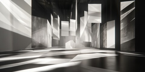 a black and white photo of a room with a light coming through the window