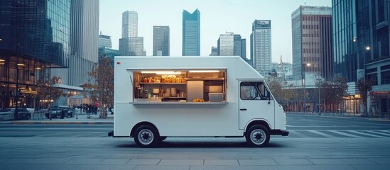 Obraz premium A white food truck parked on a city street with skyscrapers in the background.