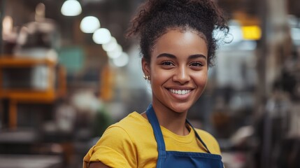 Naklejka premium young woman smiling at the camera, wearing a yellow shirt and blue apron, in a manufacturing setting