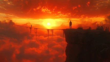 Fototapete Rund Two Figures Walking on a Bridge Above the Clouds at Sunset © tydeline