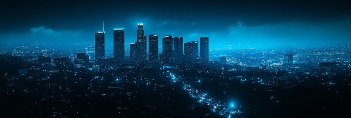 Night cityscape with illuminated skyscrapers and traffic on a highway in the foreground.