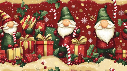 A Christmas-themed seamless pattern of gnomes joyfully holding candy canes, scattered among sparkling snowflakes, holly berries, and beautifully wrapped gifts. Warm red, green, and gold tones,