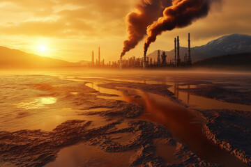 An illustration depicting a chemical plant emitting hazardous substances into the air and water