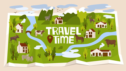 Obraz premium Set of country houses of low height with trees. Peaceful village life in your own house. Element for urban and rural landscape. Sale and rent of real estate. Vector illustration in cartoon style.