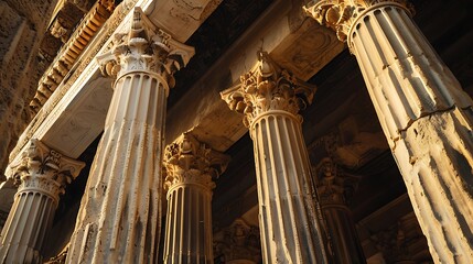 Close-up view of four ancient Roman columns with showcasing intricate details for grandeur of classical architecture and historic cultural heritage concept.