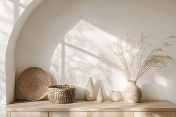 Minimalist Interior Design with Natural Elements, Dried Grass in Vase, Woven Baskets, and Sunlight on Wooden Table.