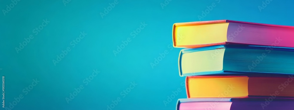 Aufkleber stack of colorful hardback books on a blue background.
