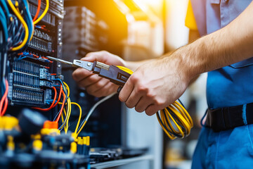 An internet technician carefully handling fiber optic cables with specialized tools, standing beside a server rack with copy space. 